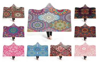 

Free shipping Gift Oriental Mandala Flower Pattern Adult Kids Fleece Hooded Blanket Travel Camping Sofa Office Nap Throw