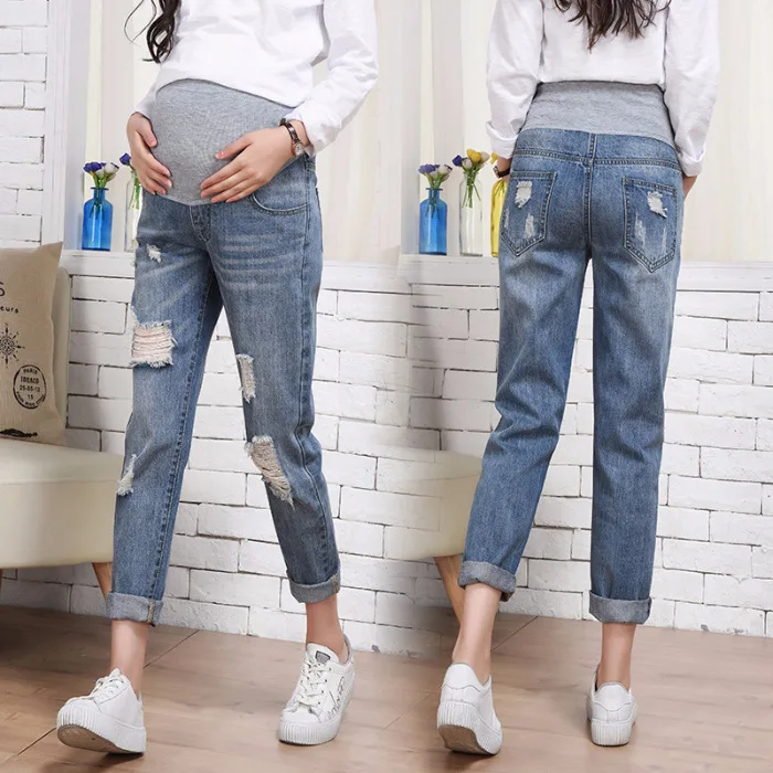 

Photo Shoot Maternity Jeans 2019 Spring And Summer-New Style Fashion Straight Fashion Mom with Holes Loose-Fit Denim (Ankle-leng