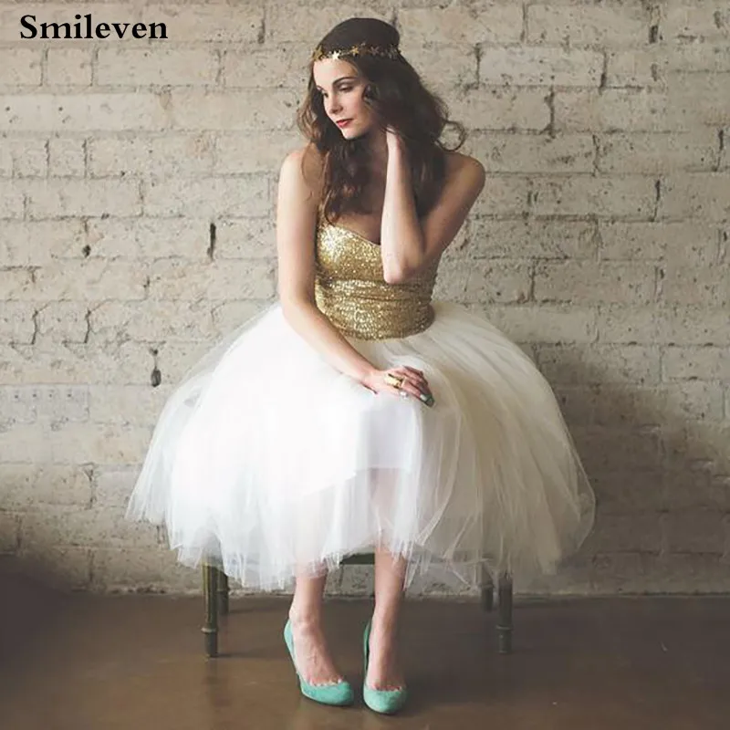 

Smileven Short Prom Dresses Glitter Vestido De Festa Sleeveless Knee length Tulle Formal Evening Party Gowns