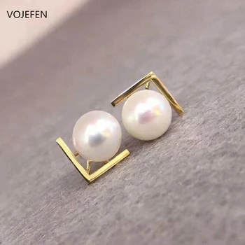 

VOJEFEN AU750 18k Solid Gold "V" Shaped Earrings With Natural Freshwater Pearl (7-8mm) Valentine's Day For Women 2020 NEW