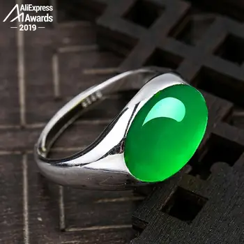 

12*16mm 6.18 Sale S925 Sterling Silver Australia Emerald Rings Jade moldevite Chinatown oriental Retro Chalcedony Jade