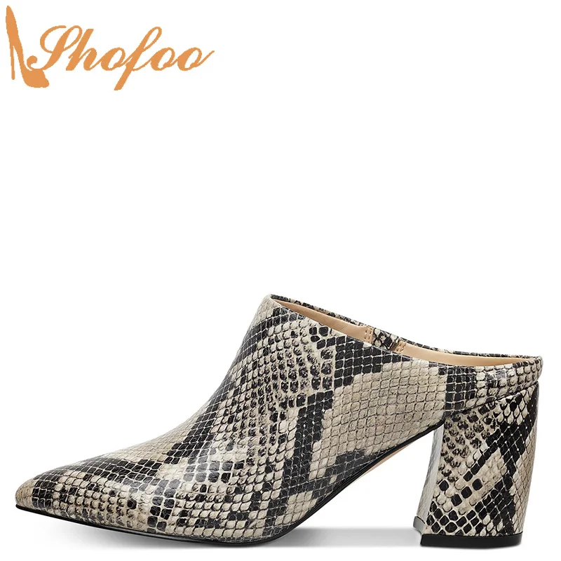 

Natural Snake Pumps High Chunky Heels Women Slippers Pointed Toe Slip On Large Size 14 16 Lady Fashion Mature Mules Shoes Shofoo