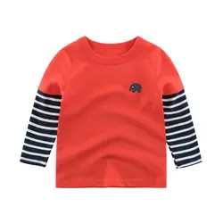 Весенне-осенняя новая детская футболка с полосатым рукавом из двух предметов, хлопковые топы для мальчиков и девочек с вышивкой слона