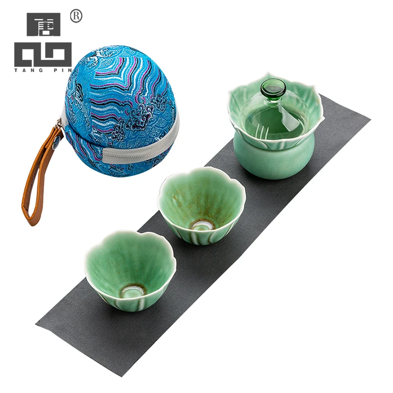 Зеленые керамические чайники TANGPIN gaiwan с 2 чашками портативная чайный набор для