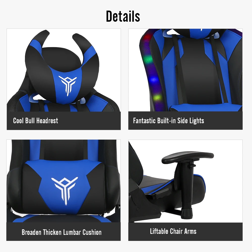 RGB Racing Gaming Chair LED Lighting Computer Chair Ergonomic Adjustable Swivel Task Chair Headrest