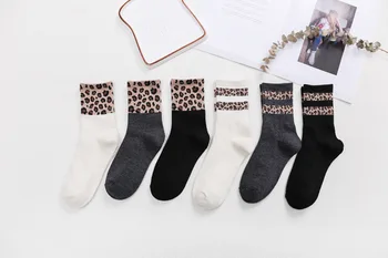 

Winter Article Leopard Women Socks Splicing Socks Harajuku Fashion Keep Warm Cotton Casual Soft Speckle Leopard Cotton