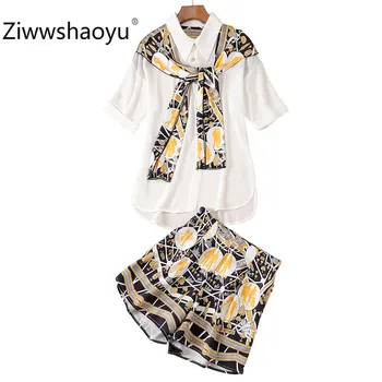 

Ziwwshaoyu Fashion Summer Office Lady Two Piece Set Women White Short Sleeve Blouse + Printed Shorts Designer Brand Casual Set