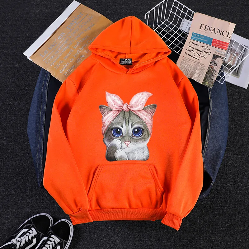 Orange Shellsuning Каваи кошка печати пушистые толстовки женские осень зима хлопок желтый свитер негабаритный свободный Теплый Мягкий Топы Белый - Цвет: Orange