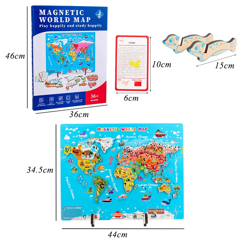 Magnético mapa do mundo quebra-cabeças para crianças, Montessori