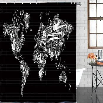 

Modern Curtain World Map Musical Instrument Guitar Bathroom Shower Curtain Bathroom Decor Waterproof Fabric Shower Curtain