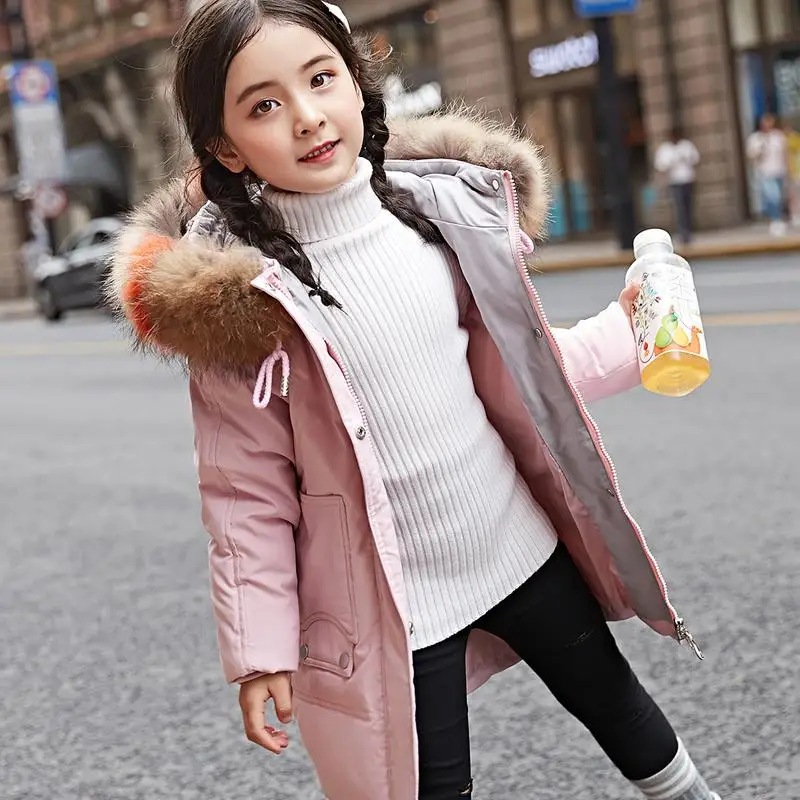 Коллекция года, детские зимние пальто детская одежда с большим меховым капюшоном-30 белый пуховик на утином пуху плотное рождественское пальто верхняя одежда, парки для маленьких девочек зимняя куртка для девочек - Цвет: Розовый