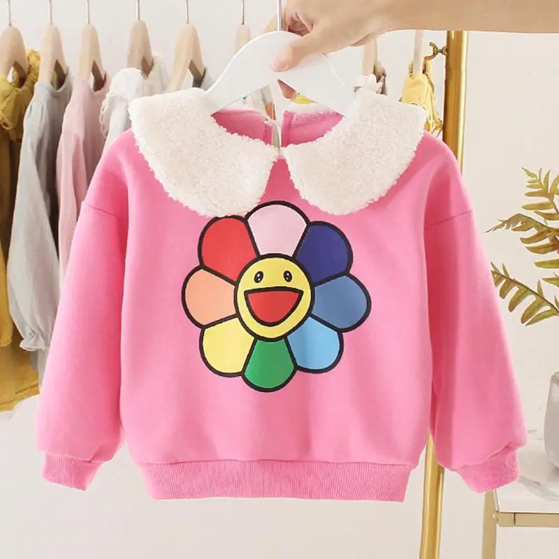 Casual Baby Girl Kids Pullover Cotton Cashmere Thickening Comfortable Fleece Printed Clothes Stitching Doll Collar Sweatershirt