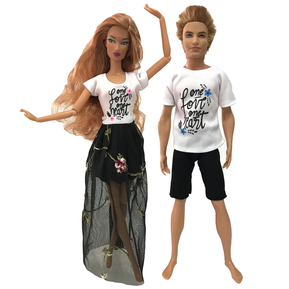 NK 2 Pcs /Set Daily Casual Couple Doll Dress For Barbie Doll Accessories Boy Girl Clothes Birthday Gift Toy For Ken Doll JJ