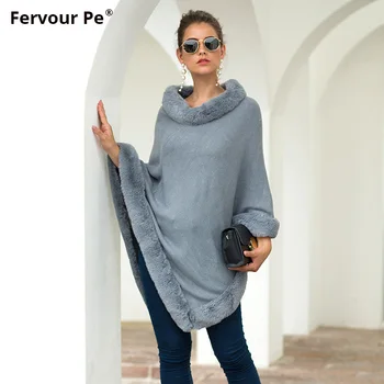 

2019 Autumn winter New Women Capes Cloak Fur Edge Round Neck Pure Color Lady's Knitted Ponchos MY19040-2