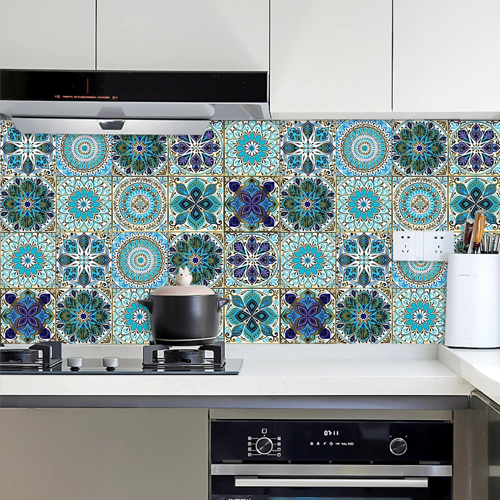 Dream Blue Mandala Style Matte Surface Wall Sticker Non-slip Tile Decoration Film For Tile /Ground in Kitchen Bathroom Art Mural wall stickers