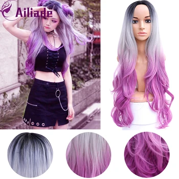

AILIADE 2020 32 Inches Long Wavy Middle Part Synthetic Wigs Ombre Gray Purple For Women Cosplay Long Hair Wigs Fake Hair