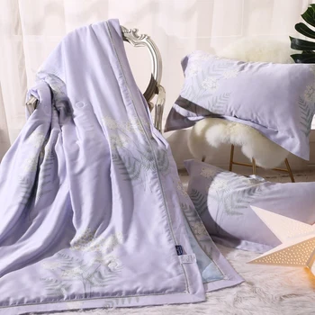 

Bamboo Silky Quilt Comforter for summer Satin purple floral Print Quilted Blanket Duvet Cotton cool fabric soft bedding 1pc