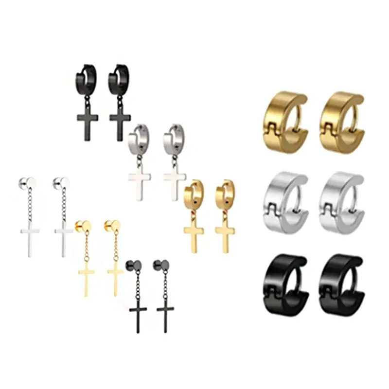 

9 Pair/set Fashion Men Women Stainless Steel Cross Hoop Dangle Drop Earrings Unisex Ear Buckle Punk Jewelry
