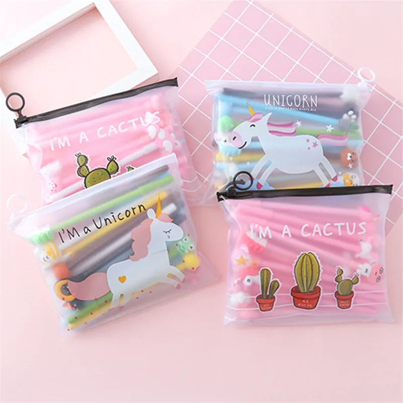 VOGVIGO 20pcs/lot Kawaii Girl Lovely Gel Pen Cartoon Neutral Pens Kit For Kids Gifts School Writing Supplies Stationery Bag Set