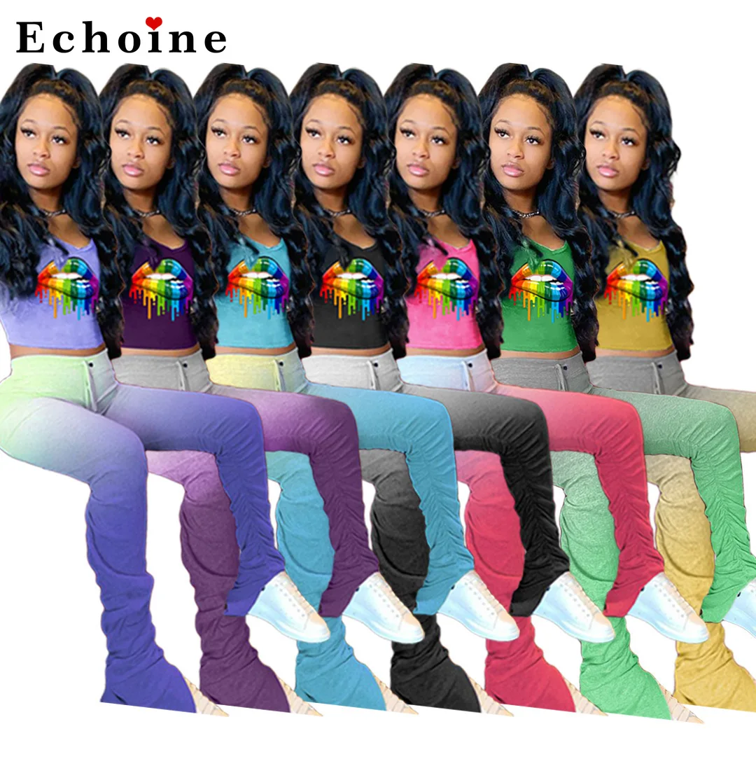 

Women's Gradient Colorful Lip Printed Slit Micro-Bell-Bottom Long Pants Two Piece Set Crop Tops Casual Homewear Jogger Tracksuit