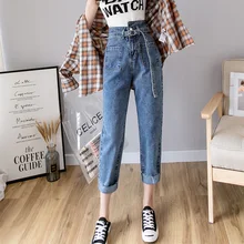 Женские свободные джинсовые штаны, джинсы с высокой талией, повседневные винтажные джинсы boyfriend mom, голубые уличные джинсы в Корейском стиле