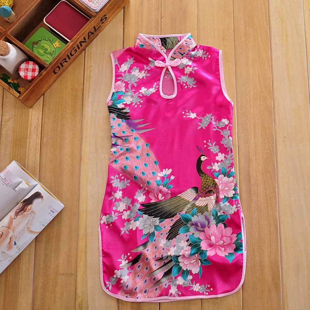 Chinese Qipao Floral Peacock Cheongsam Dress Floral Dress Elegant Toddler Baby Girls Children Clothes Formal Outfits 2-10T #B