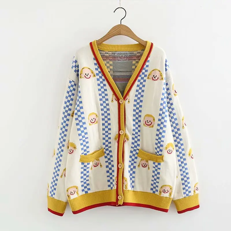 Women Cardigans Yellow Harakuju Cartoon Embroidery
