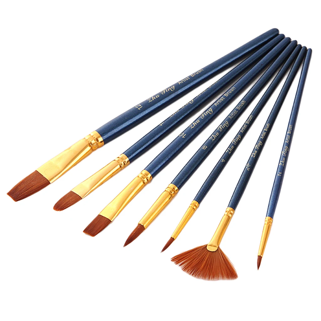 7Pcs Pointed-Round Fan Shaped Paintbrush Set Nylon Hair Artist Paint Brushes