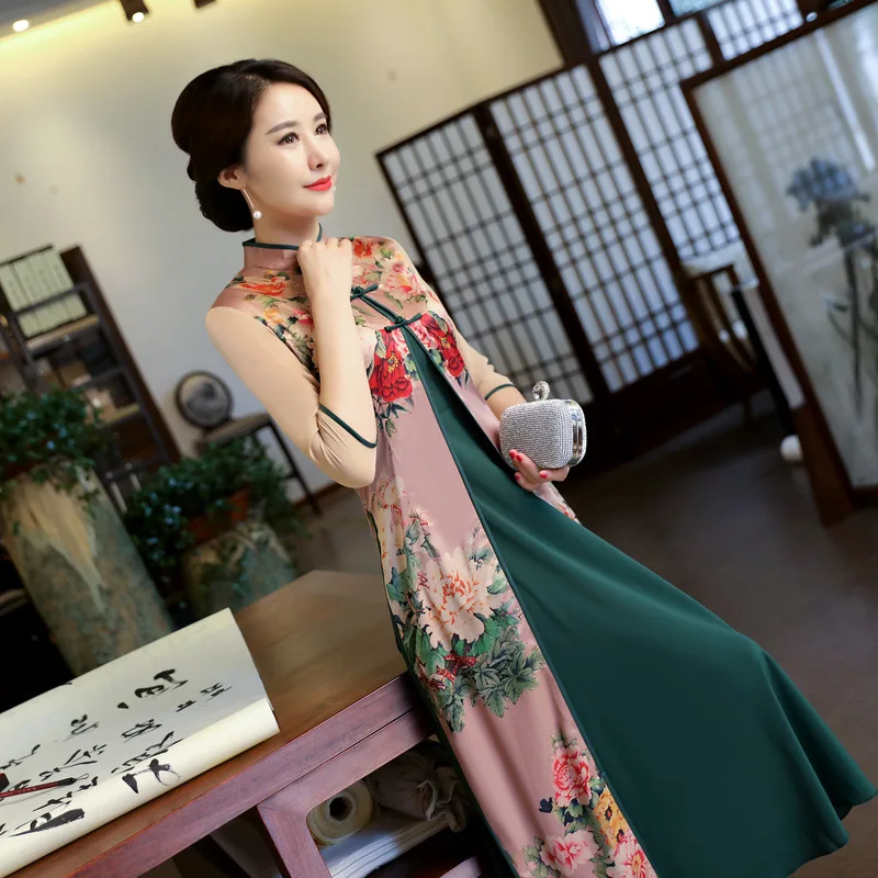 Китайское традиционное китайское платье Cheongsam с воротником «Мандарин» из двух частей, женское платье Ципао на пуговицах ручной работы, платье Чонсам с цветами