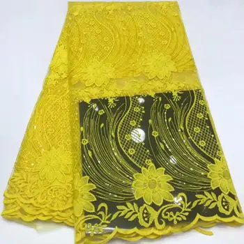 

African Lace Fabric Yellow Tulle Lace High Quality 3 D Embroidery Nigerian French Mesh Lace Fabric Material For Dress 5Yards