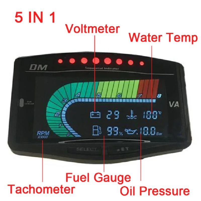 Универсальный 5 функций 12 В/24 В грузовик автомобильный манометр давления масла вольтметр напряжение воды измеритель температуры топлива Тахометр