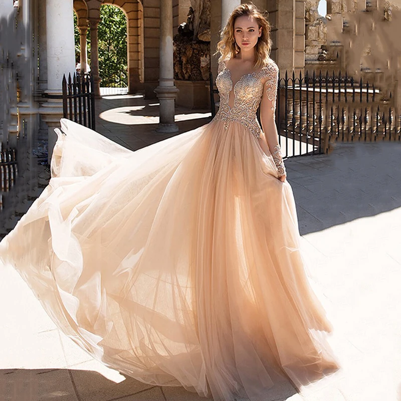 long sleeve champagne wedding dress