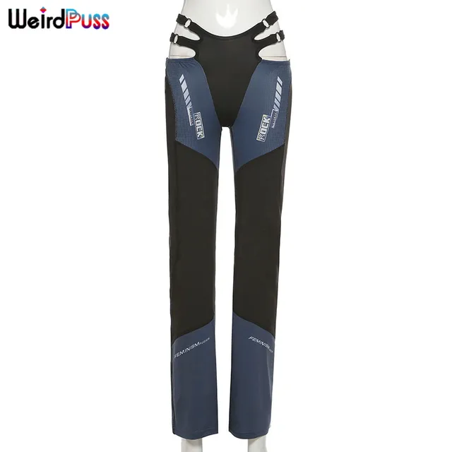 High Waist Hollow Belt Pants Women Patchwork Sporty Skinny Straight Casual Thin Trousers Streetwear Sweatpants