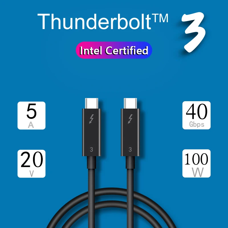 

50cm 70cm Intel Certified Thunderbolt 3 Data Cable 40Gbps Data Transfer Speed 5A 100W Charge
