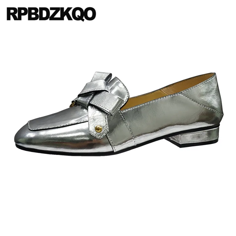 

Slip On Square Toe Metallic Silver Designer Bow Mules Brand Women Flats Shoes With Little Cute Bowtie Slippers Metal Loafers