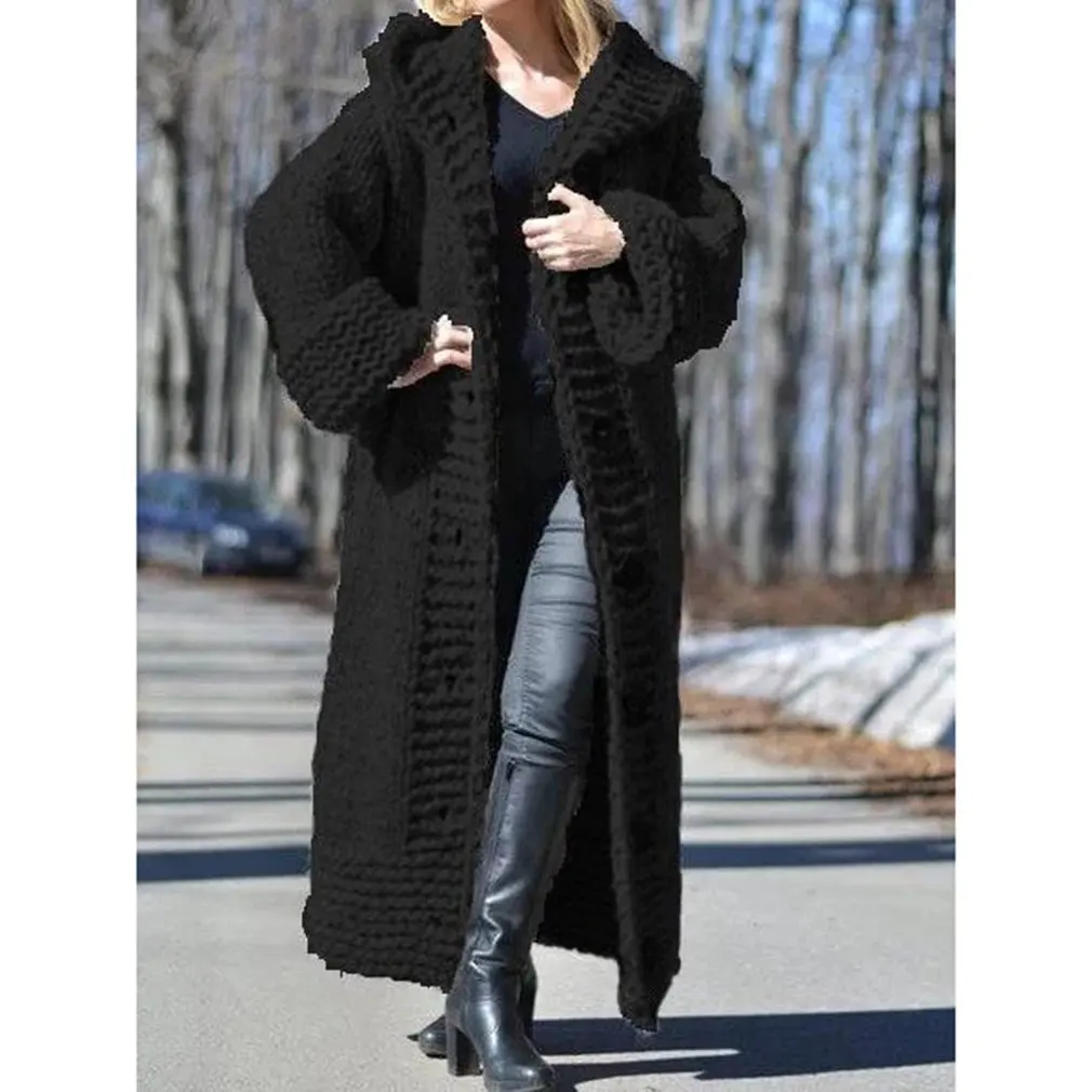 Cardigan Women Plus Size  Solid Color Long Sleeve Braid Knit Cardigan Hooded Sweater Coat Overcoat Loose Ladies Sweaters Coat