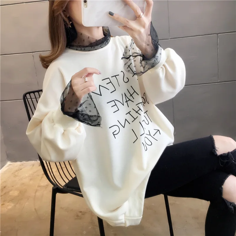 

Autumn And Winter Korean-style Blouses Laziness-Style Printed Crew Neck Long Sleeve Gauze Joint Hoodie Women's INS Fashion Loose