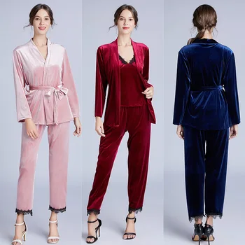 

Three-piece suit velvet elegant pajamas women autumn and winter long-sleeved home service sexy suspender nightgown trousers