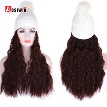 

AOSI Long Afro Curly Synthetic Winter knitted Beanie Hat Black Brown Hair Extension Pieces Clip For Women Heat Resistant