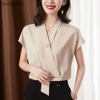 

Fashion Office Women Beige Chiffon Blouse Shirts 2020 New OL Summer Short Sleeve Shirt V Neck Temperament Women's Loose Tops