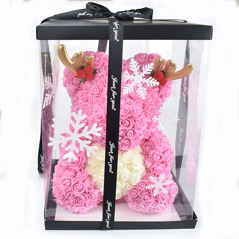 Рождественский подарок 40 см розовый медведь со шляпой рога в снежной подарочной коробке с бесплатной картой - Цвет: pink2 with box