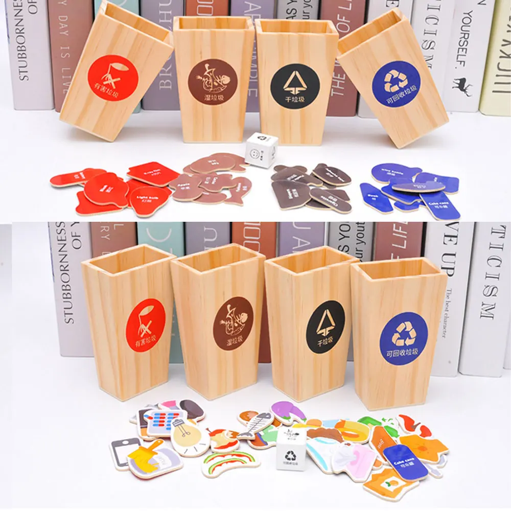 Wooden Garbage Sorting Toys Mini Trash Cans Rubbish Classification Cards Game Classroom Early Education Teaching Props