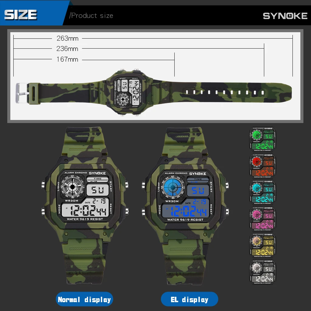 SYNOKE детские цифровые часы спортивные камуфляжные военные многофункциональные 7 красочные светящиеся водонепроницаемые детские электронные часы