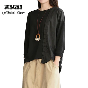 

Women Cotton T Shirt Tops Tees Asymmetric Big Loose Patchwork Retro Vintage Casual Fashion for Spring Summer AZ20691414
