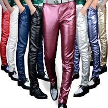 Мужские зимние модные обтягивающие штаны из искусственной кожи, облегающие брюки для выступлений на сцене, облегающие мужские черные, красные, белые мотоциклетные штаны из искусственной кожи