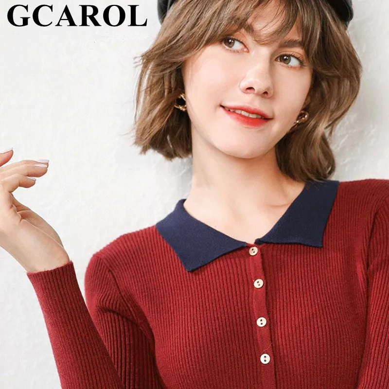 Женский комбинированный джемпер GCAROL, стрейчевый свитер с отложным воротником, вязаный пуловер с содержанием шерсти 30% в стиле минимализма, трикотажный джемпер размера 2XL