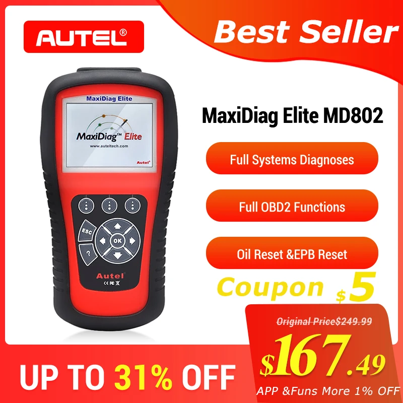 AUTEL MaxiDiag Elite MD802 OBD2 сканер Все системы Детектор автомобиля OBDII считыватель кода EPB сброс масла OBD 2 диагностический инструмент PK MD805