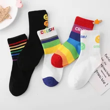 Cute Rainbow Striped Smile Cartoon Jacquard High Quality Spandex Cotton Kids Crew Socks