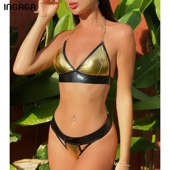 

INGAGA 2020 Bikini Set Sexy Push Up Swimsuit Female Leather Patchwork Swimwear Women Metal Halter Biquini High Leg Bathing Suit