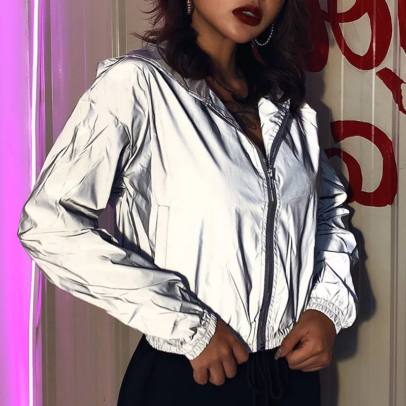 

Women's Large Jacket Reflective Windbreaker Hoodie Zipper Long Sleeve Solid Color Versatile Fashion Jacket Autumn and Winter